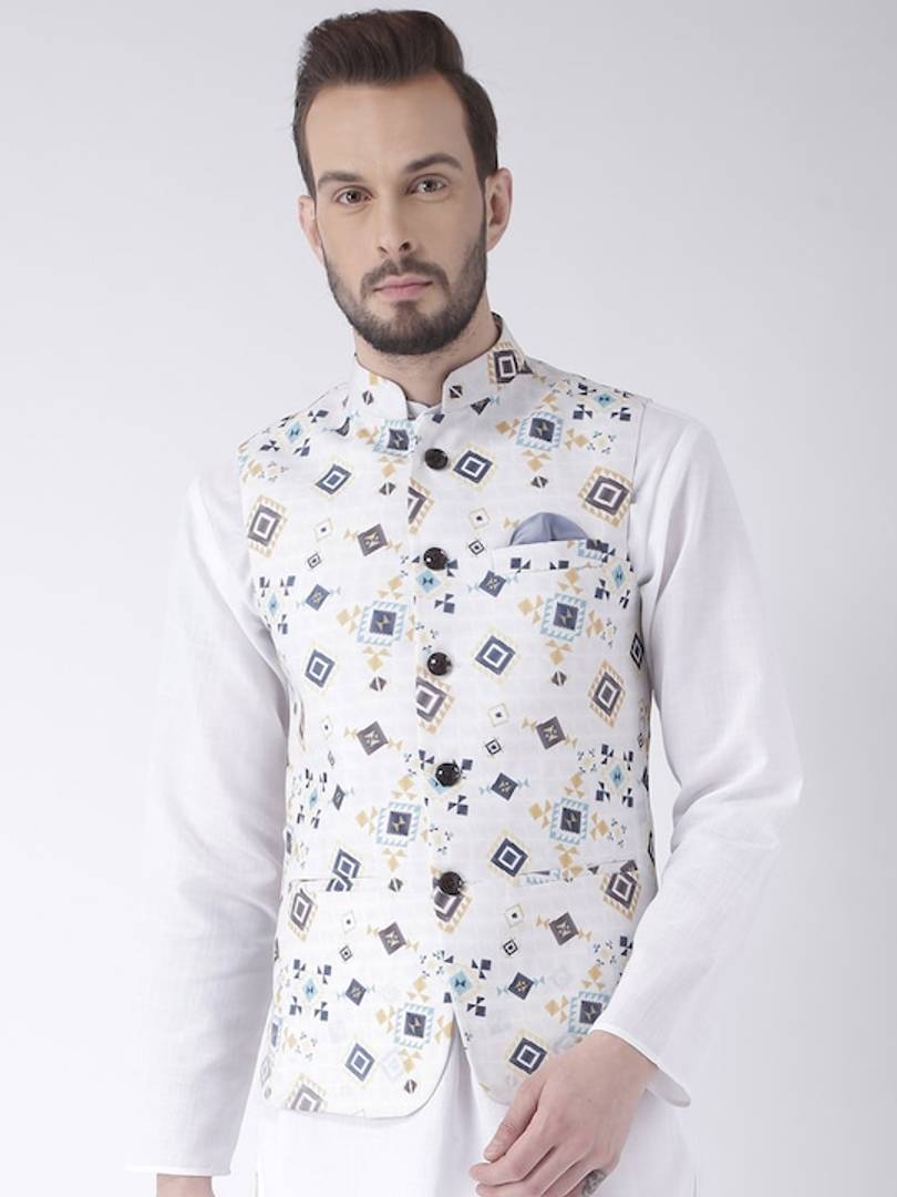 Men's Off White
Cotton Blend
Printed Nehru Jackets